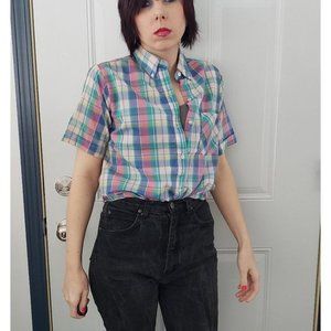 Vintage 80s Pink, Green,‎ and Blue Plaid Button Down